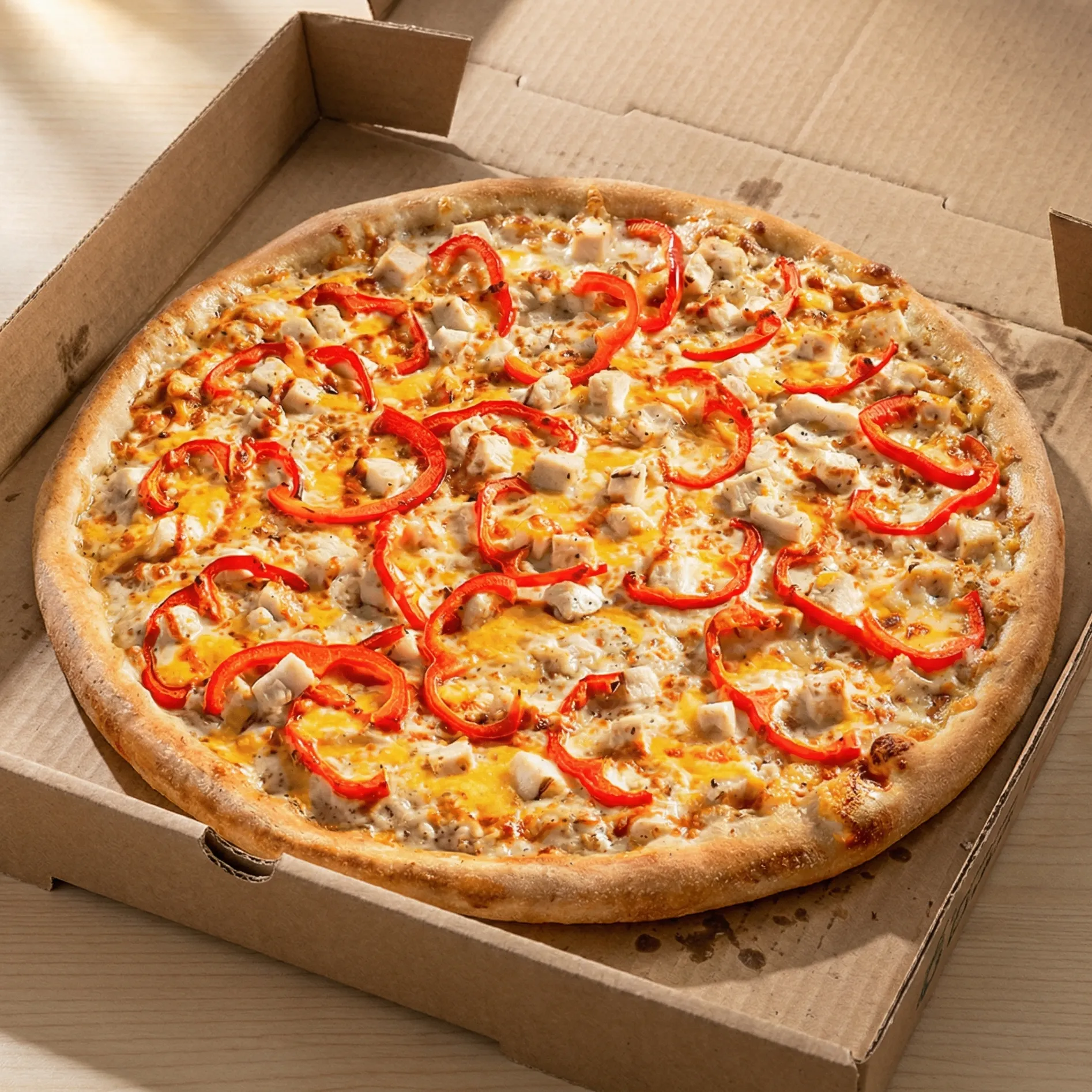 Butter Chicken Feast pizza at Freshslice Pizza Saskatoon - creamy white garlic sauce, grilled chicken breast, red peppers, cheddar and butter chicken sauce