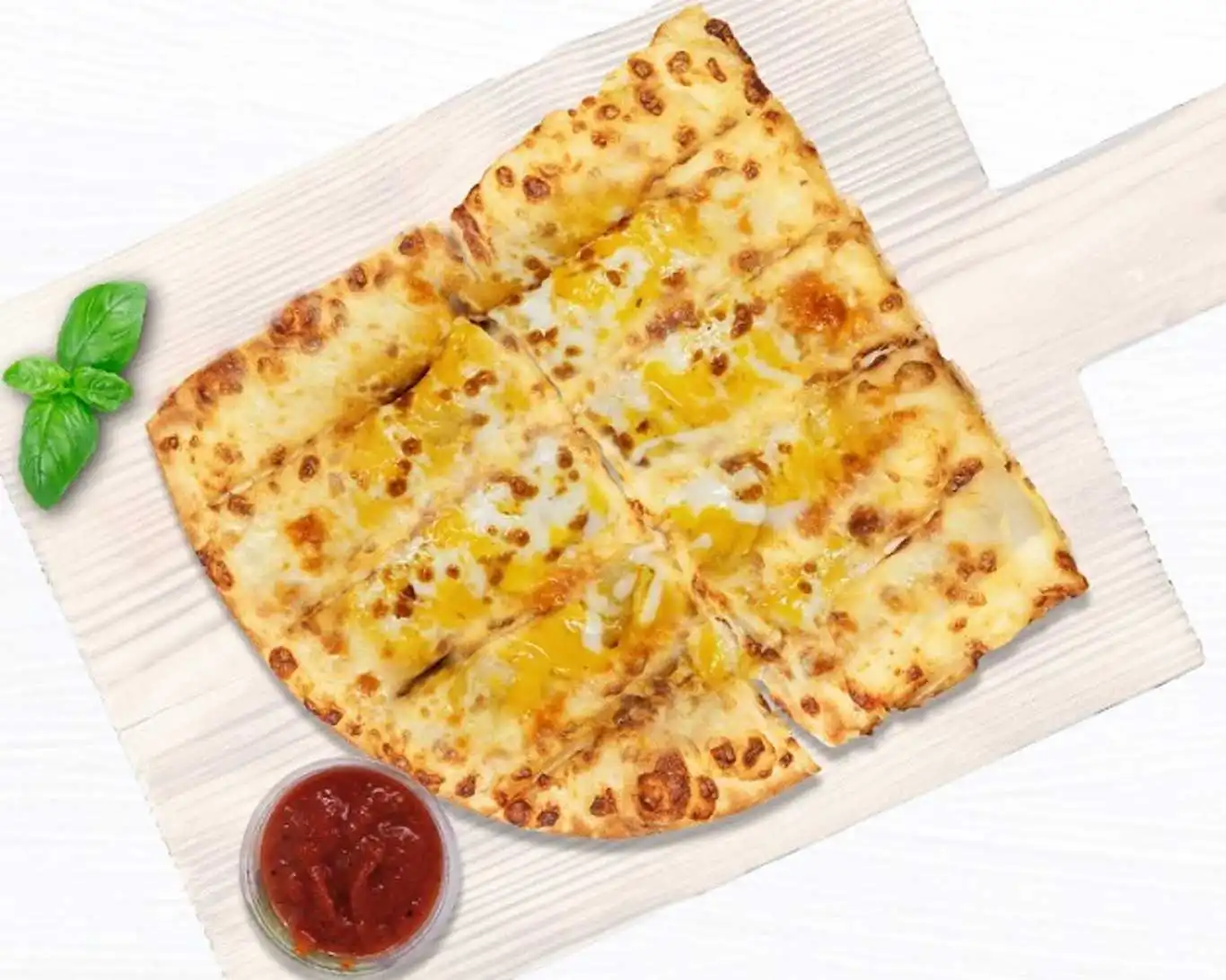 Cheesy Bread at Freshslice Pizza Saskatoon - fresh baked multigrain dough topped with lots of cheese, served with homemade marinara sauce
