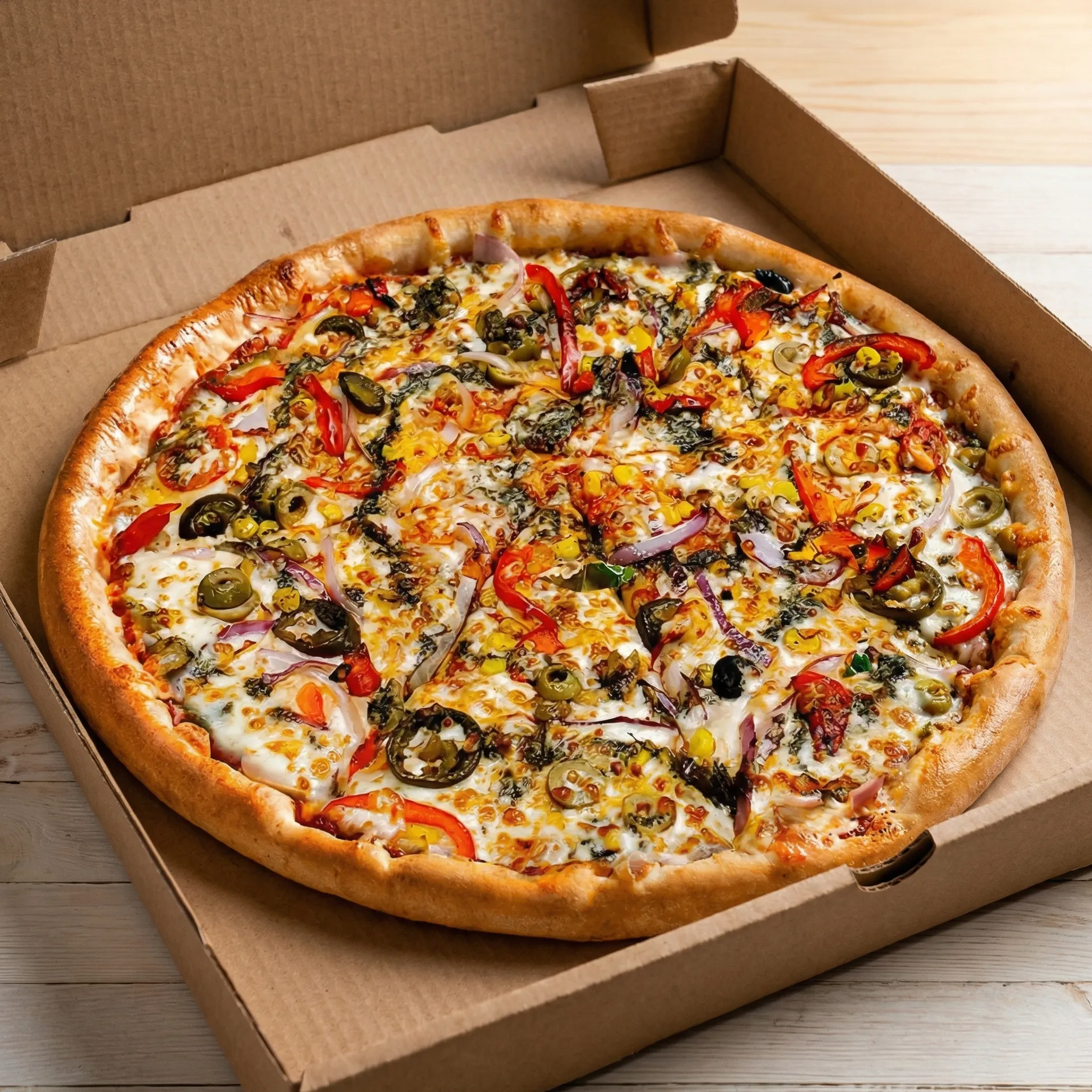 Fiesta Pesto Feast pizza at Freshslice Pizza Saskatoon - zesty tomato sauce, mozzarella, red pepper, corn, jalapeno, green olive, onion and pesto drizzle