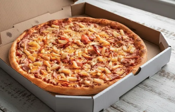 Classic Hawaiian pizza at Freshslice Pizza Saskatoon - zesty tomato sauce, mozzarella, ham and pineapple on multigrain crust