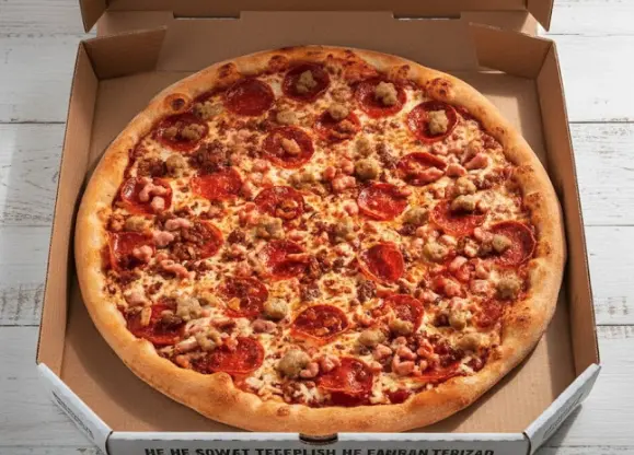 Meat Lovers Feast pizza at Freshslice Pizza Saskatoon - zesty tomato sauce, mozzarella, pepperoni, bacon, sausage, beef and ham