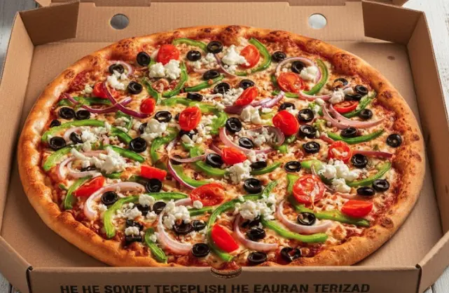 Mediterranean Feast pizza at Freshslice Pizza Saskatoon - zesty tomato sauce, mozzarella, green peppers, onions, grape tomatoes, black olives and feta